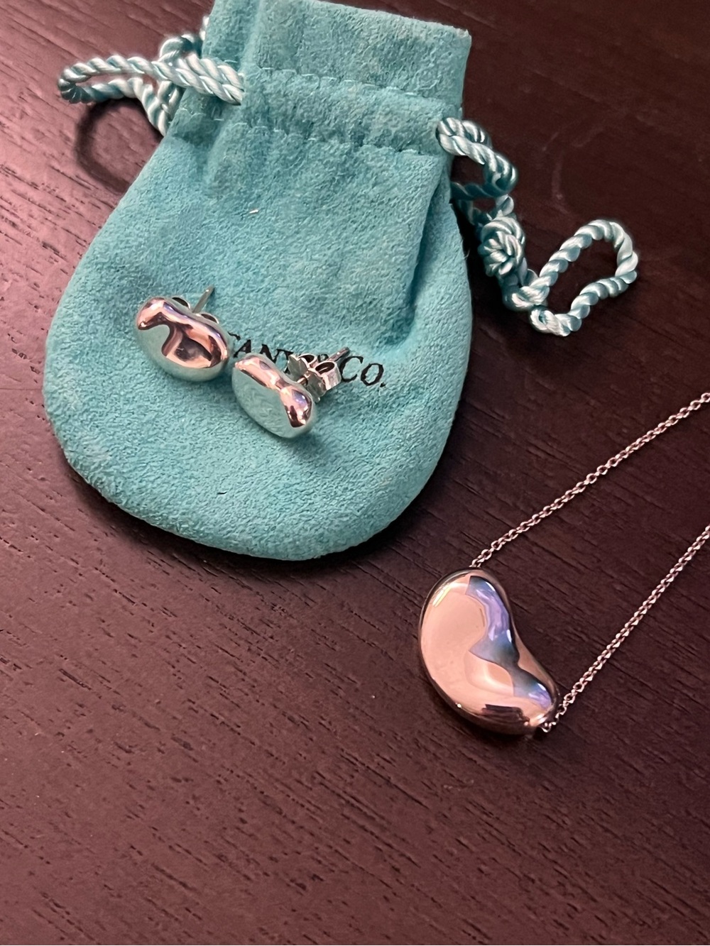 Authentic Tiffany & Co. Sterling Silver Bean Stud Earrings and Bean Necklace set